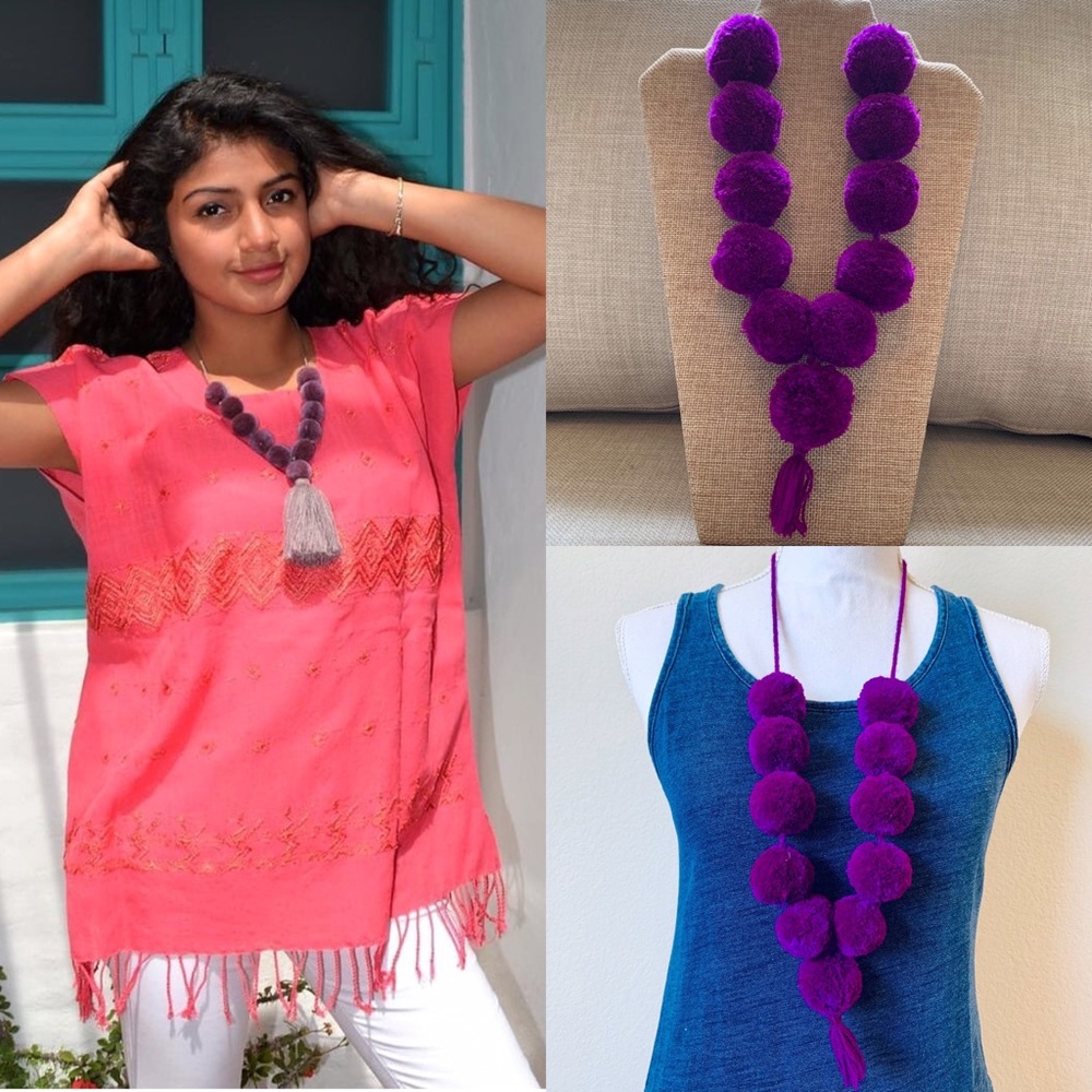 Boho Tassel Necklace. Pom Pom handmade necklace.
